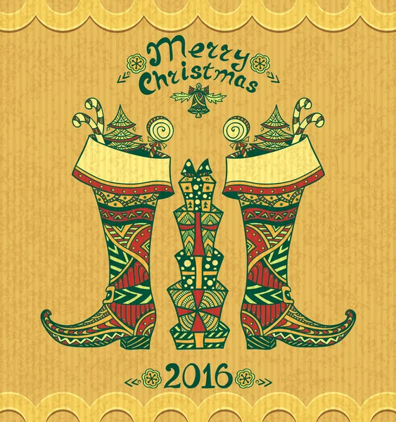 圣诞靴与禅宗涂鸦风格上垃圾米色背景中的礼物 — 图库矢量图片
