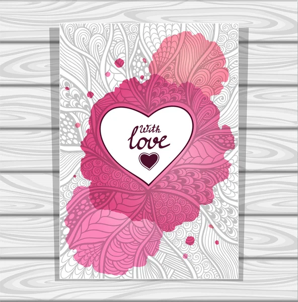 Zen-doodle style pattern and heart frame in pink lilac with watercolors stain — Stock Vector