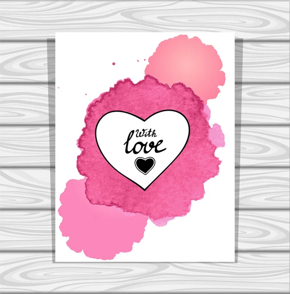Plantilla corazón marco en lila rosa acuarelas blancas mancha sobre fondo de madera gris — Vector de stock