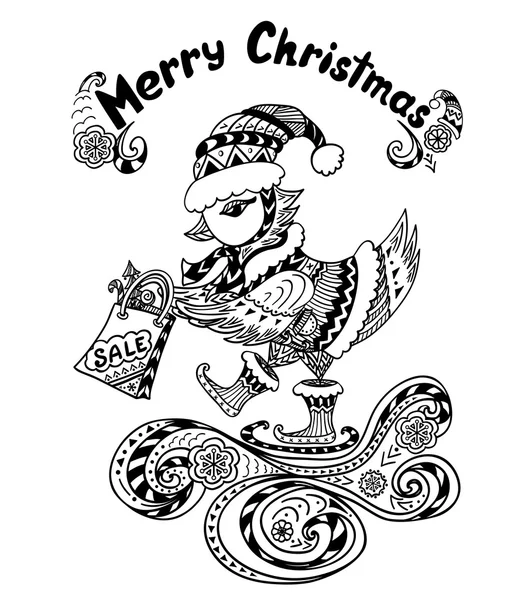 Pájaro de Navidad con paquete de regalo en estilo Zen-doodle negro sobre blanco — Archivo Imágenes Vectoriales