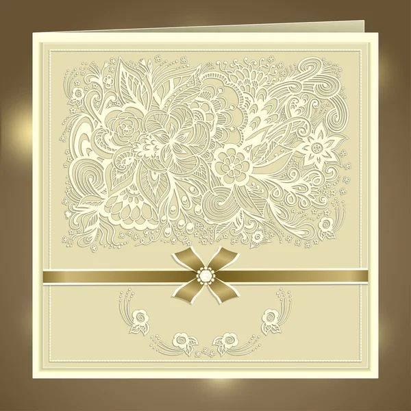 Invitation de mariage avec des fleurs Zen-doodle ruban papillon strass beige — Image vectorielle