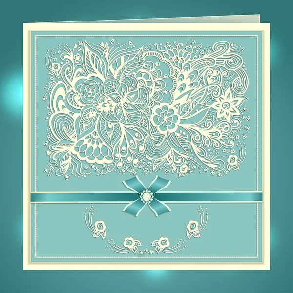 Zen-doodle çiçek yay şerit rhinestones mavi ile düğün davetiyesi — Stok Vektör