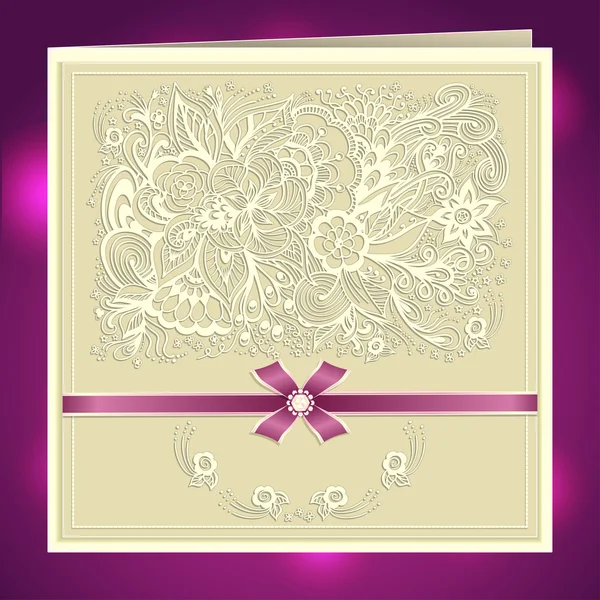 Bruiloft uitnodiging met Zen-doodle bloemen boog lint steentjes in beige — Stockvector
