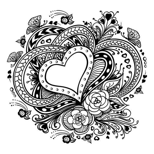 Zen-doodle Heart frame with flowers butterflies   black on white — Stock Vector