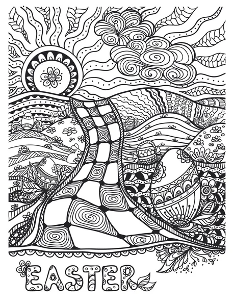 Zen-doodle paisagem de Páscoa preto em branco — Vetor de Stock
