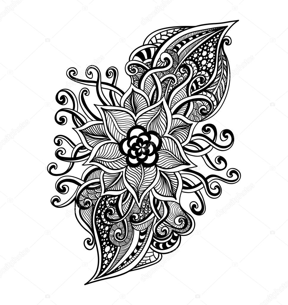 Noir Fleur Décorative Zen Doodle Sur Blanc Image