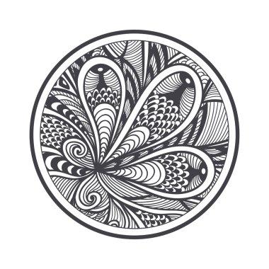 Soyut desen Zen-dolaştırmak Zen-doodle tarzı daire içinde beyaz üzerine siyah