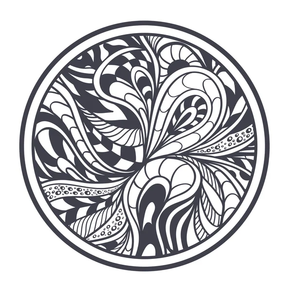 Abstraktní pozadí v propletenci Zen Zen-doodle stylu černé na bílém v kruhu — Stockový vektor