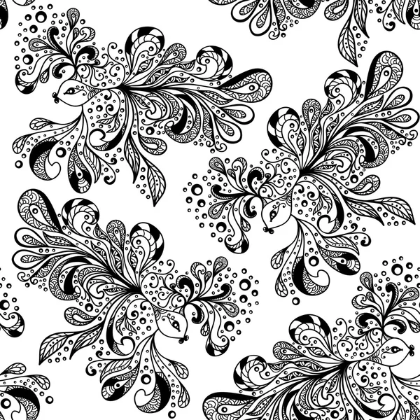 Zen-doodle seamless pattern  from decoration fishes black on white — Stock Vector