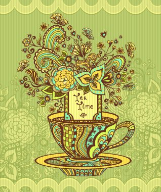 Zen-doodle cup of tea with flowers yellow green  blue on green background clipart