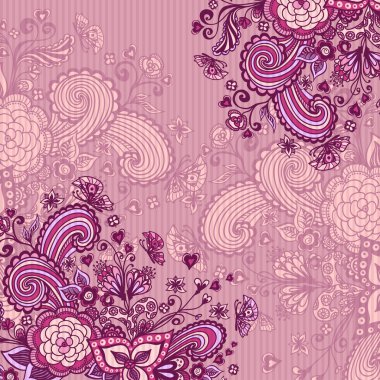 Vintage background with doodle flowers on pink lilac