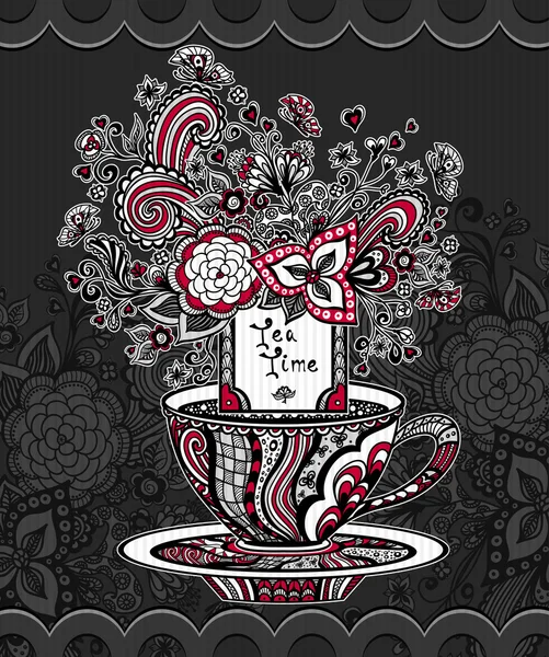 Zen-doodle cup of tea with flowers  red white grey on black background — ストックベクタ