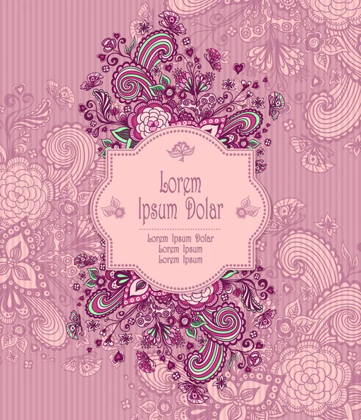 Vintage frame with doodle flowers on pink lilac — Stockvector