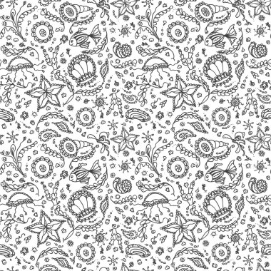 Handmade seamless pattern or background with abstract marine world in black white for coloring page or relax coloring book