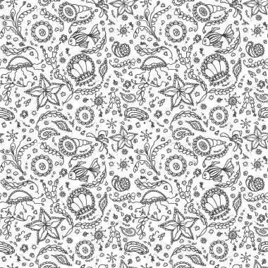 Handmade seamless pattern or background with abstract marine world in black white for coloring page or relax coloring book clipart