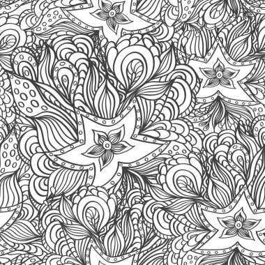 Seamless pattern with doodle starfishes and seaweeds in black white for coloring page