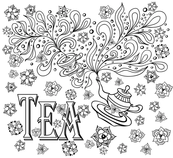 Arrière-plan avec tasse, théière, fleurs dans le style doodle en blanc noir pour colorier ou se détendre livre à colorier — Image vectorielle
