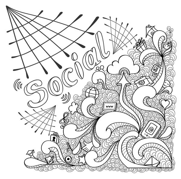 Соціальні мережі в каракулі на білому тлі для банерів веб-сайту та інших речей або для розмальовки сторінки або розслабляючої розмальовки — стоковий вектор