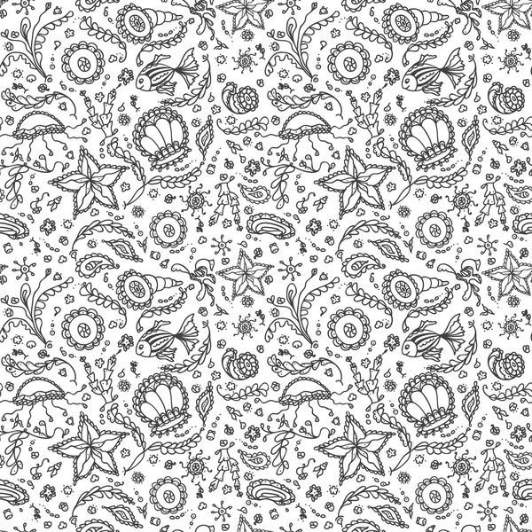 Handmade seamless pattern or background with abstract marine world in black white for coloring page or relax coloring book — Stock vektor