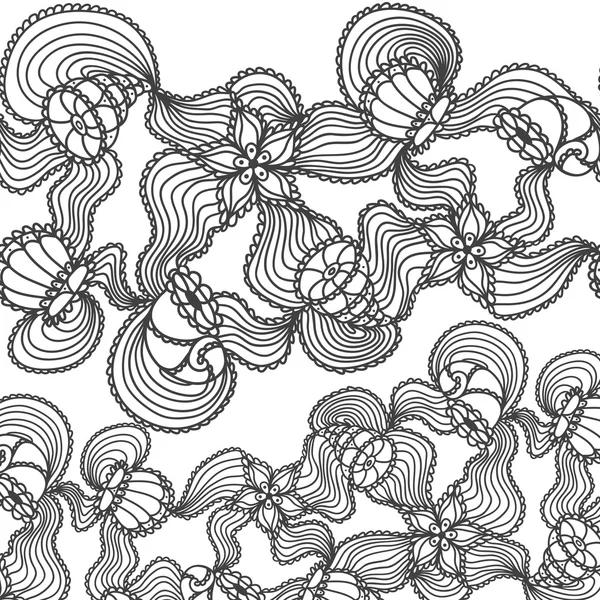 Background with  abstract marine lace seashells, starfish, sea flowers, coelenterates in black white for coloring page or relax coloring book — Stockvector