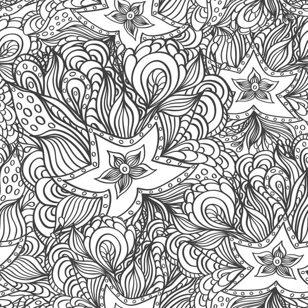 Seamless pattern with doodle starfishes and seaweeds in black white for coloring page — 스톡 벡터