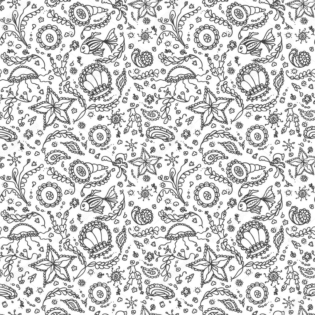Handmade seamless pattern or background with abstract marine world in black white for coloring page or relax coloring book