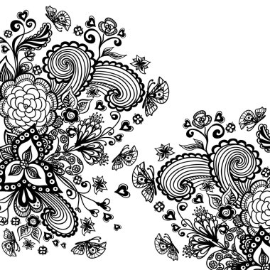 Zen-doodle background  with flowers butterflies hearts black on white