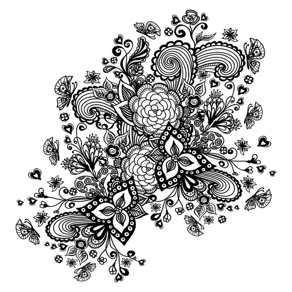 Zen-doodle fundo com flores borboletas corações preto no branco —  Vetores de Stock