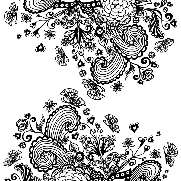 Дзен-дудл фон с цветами бабочки сердца черные на белом — стоковый вектор