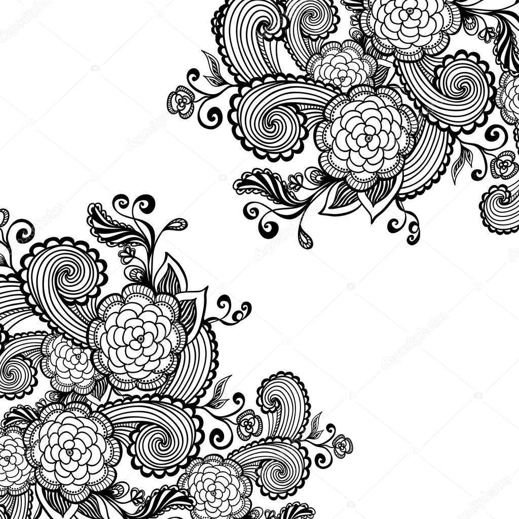 Zen-doodle background or  pattern   with flowers black on white for   package or  for coloring page or relax coloring book