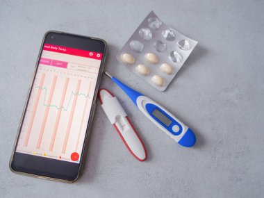 Temel termometre ve mobil uygulama kullanarak doğal aile planlaması ve yumurtlama izleme kavramı. Hamile kalma ya da kadınların sağlığını izleme umutlarını ve hazırlıklarını simgeliyor.