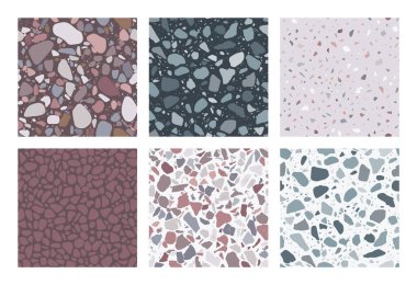 Terrazzo desenleri. 6 tane dikişsiz terrazzo doku deseni. Renkli, modaya uygun arka planlar. Soyut vektör İllüstrasyonu.