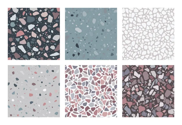 Terrazzo Patterns Set Seamless Terrazzo Texture Patterns Colorful Trendy Backgrounds — Stock Vector