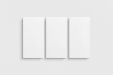Tuvalin 1: 2 modeli. Üç tuval seti. Galeri duvarı maketi, üç tuval seti. Temiz, modern, minimalist, parlak. Portre. Dikey.