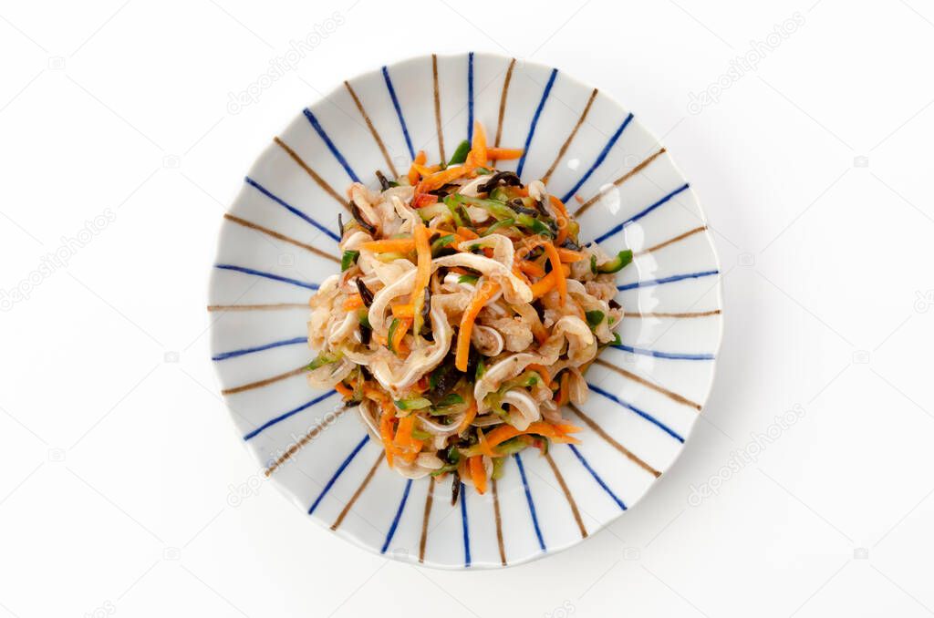 Japanese food, Aemono, Mimigar(Pork ears) with Plum kombu and Vegetables.