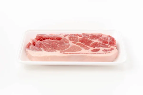 Raw Pork Meat Foam Tray White Background — 스톡 사진