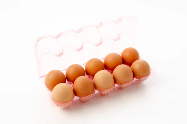 Brown Chicken Eggs Plastic Container White Background — Stock Photo, Image