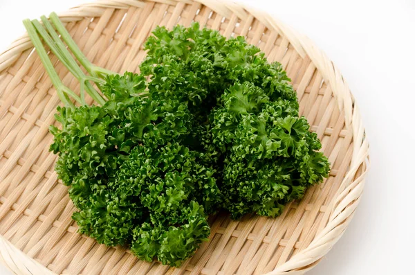 Fresh Curly Parsley Bamboo Sieve White Background — Stock Photo, Image