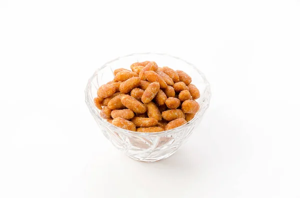 Honey Roasted Peanuts Glass Bowl White Background — Stock Photo, Image