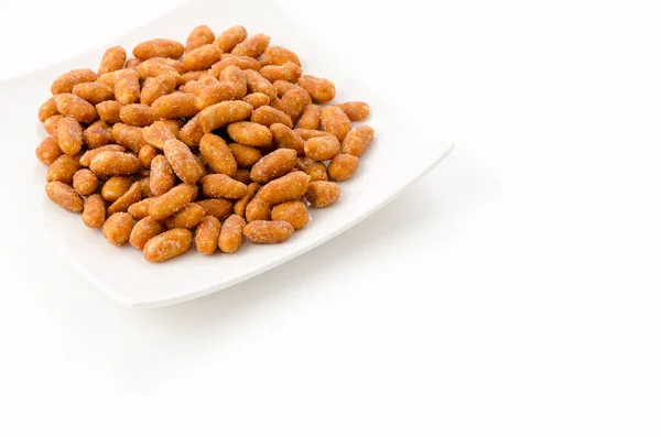 Honey Roasted Peanuts White Plate White Background — Stock Photo, Image