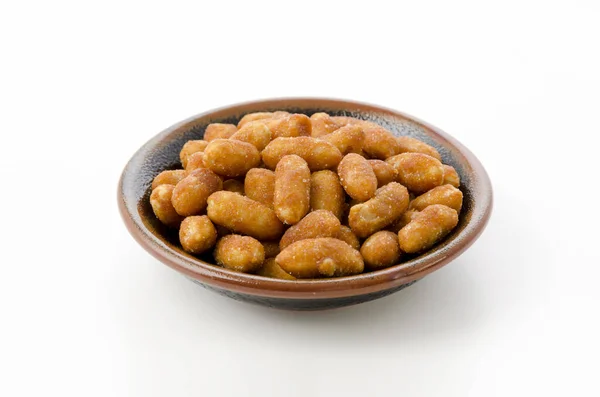 Honey Roasted Peanuts Black Plate White Background — Stock Photo, Image