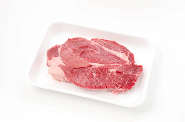 Fresh Raw Beef Steak Foam Tray White Background — Stock Photo, Image