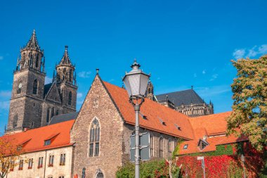 Magdeburg 'un tarihi ve alışveriş merkezindeki muhteşem katedral, Elbe nehri, altın sonbaharın başlarında, Magdeburg, Almanya
