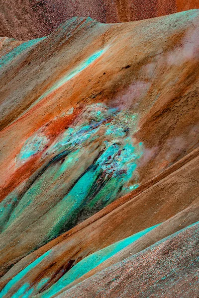 离奇的图案 弯曲的线条和神奇的色彩 冰岛Landmannalaugar山区色彩艳丽的彩虹火山山作为设计背景 — 图库照片