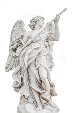 Saint Angel köprüsünde (Ponte Sant Angelo) kanatlı güzel bir kutsal meleğin heykeli, beyaz arka planda izole edilmiş, Roma, İtalya