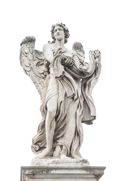 白い背景に隔離された聖天使橋 サンタンジェロ門 で組織を保持翼を持つ美しい聖なる天使の像 ローマ イタリア — ストック写真