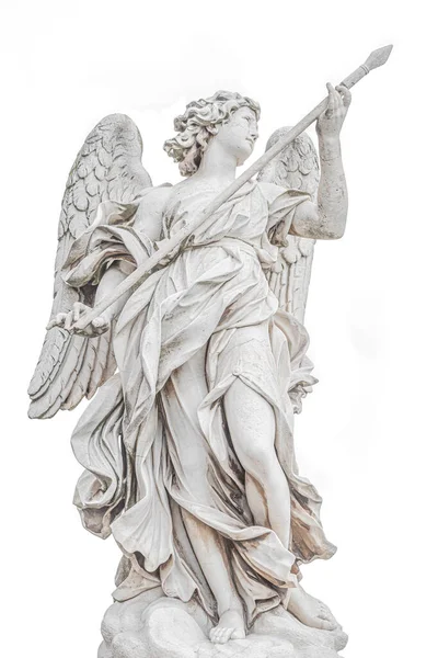 Estatua Hermoso Ángel Santo Con Alas Sosteniendo Una Lanza Guerra —  Fotos de Stock