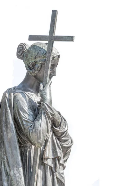 Antigua Estatua Metal Una Sensual Mujer Hermosa Sosteniendo Una Cruz —  Fotos de Stock