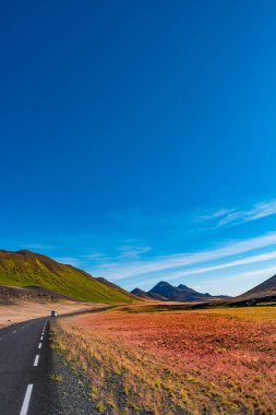 İzlanda 'nın dağlık kesimlerinde volkanik olarak aktif bölgede ilerleyen Paved Halka Yolu, yaz ve mavi gökyüzünü andırıyor..