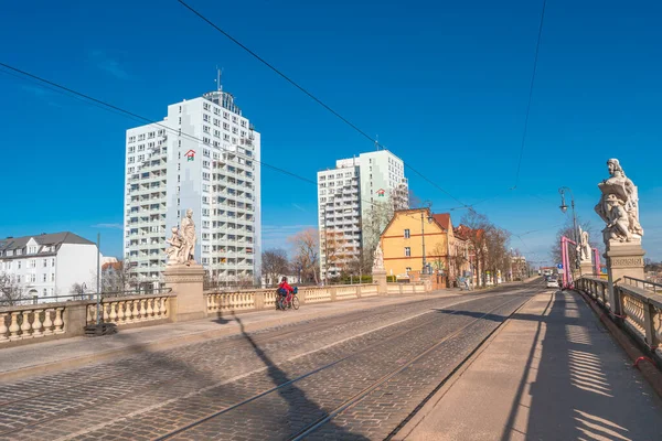 Panoramisch Uitzicht Multistore Woonhuizen Elbe Rivier Stadspark Natuur Kleurrijke Lente — Stockfoto